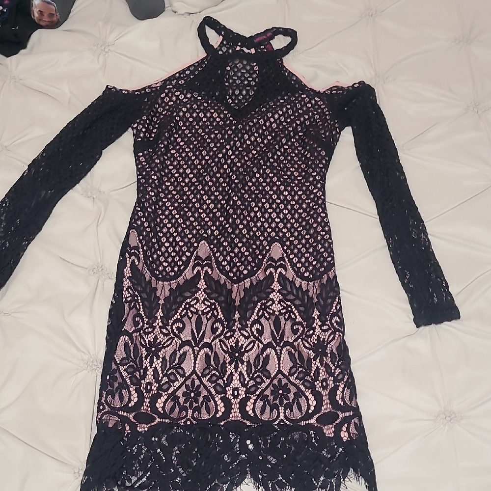 Material Girl Black and Pink Long Sleeve Lace Dress